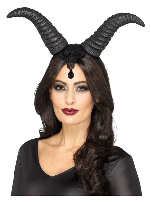 Demonic Queen Horns, on Headband, Black