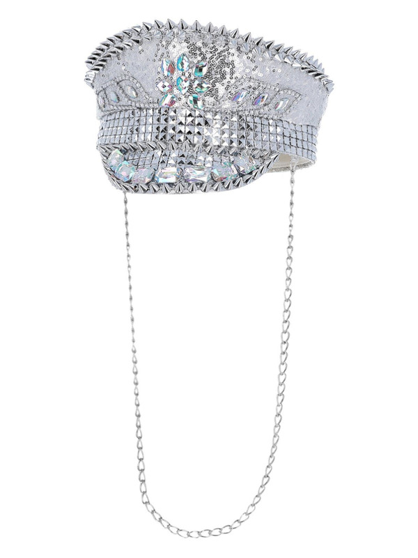 Fever Deluxe Sequin Studded Captains Hat, Silver