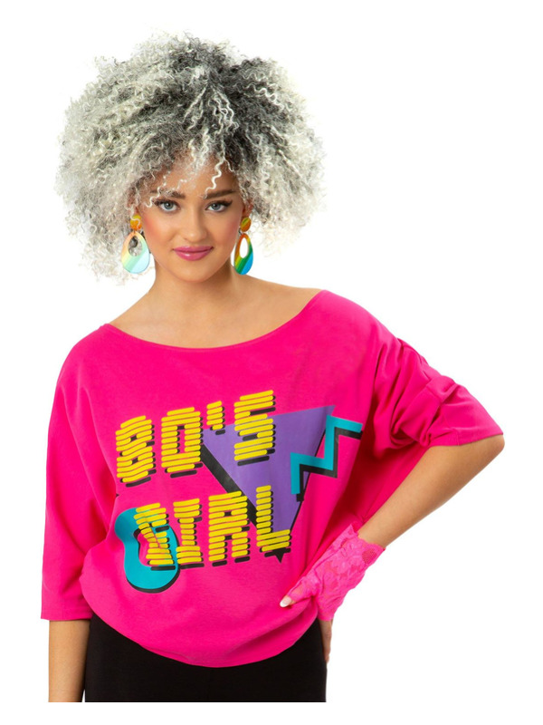 80s Girl Bat Wing T-Shirt, Neon Pink, Printed